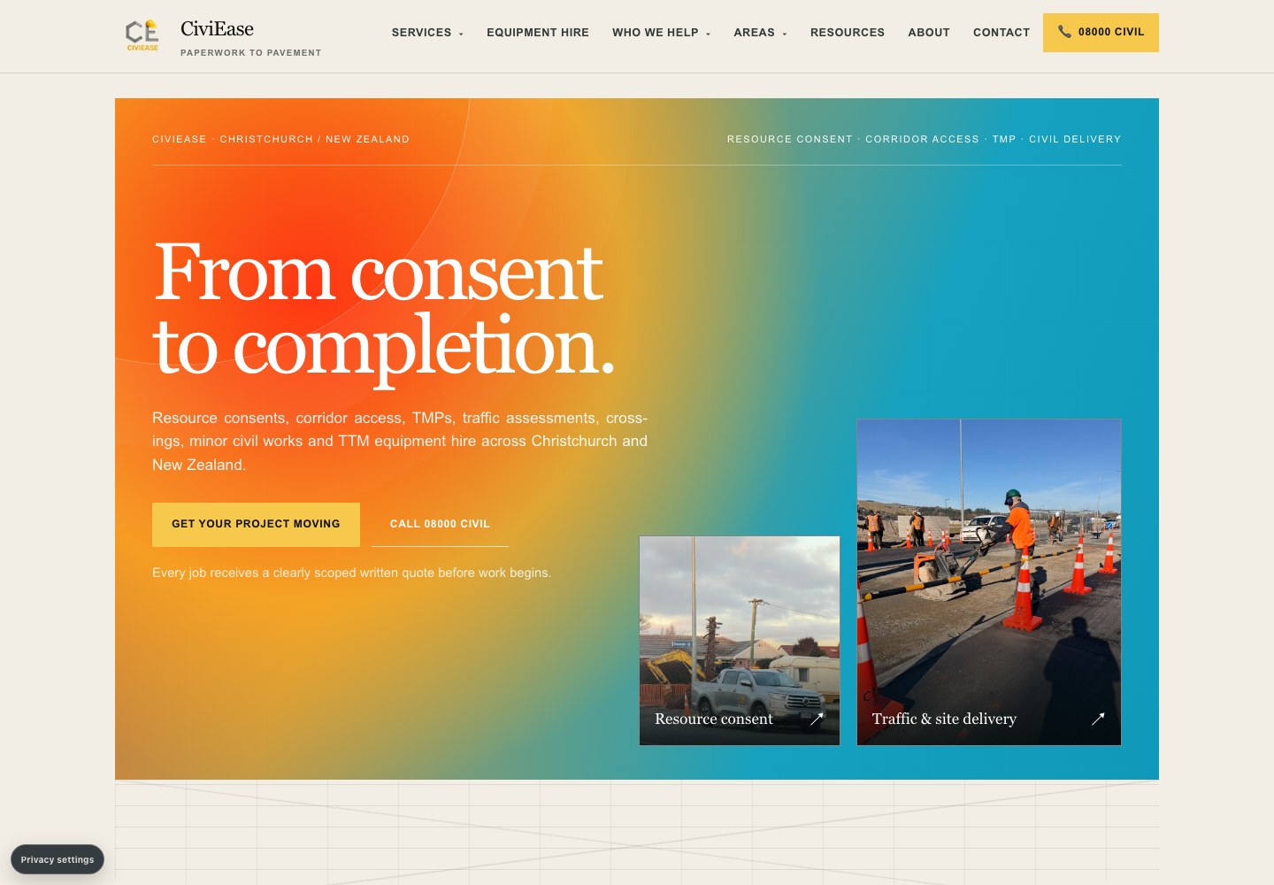 CiviEase website with civil project imagery