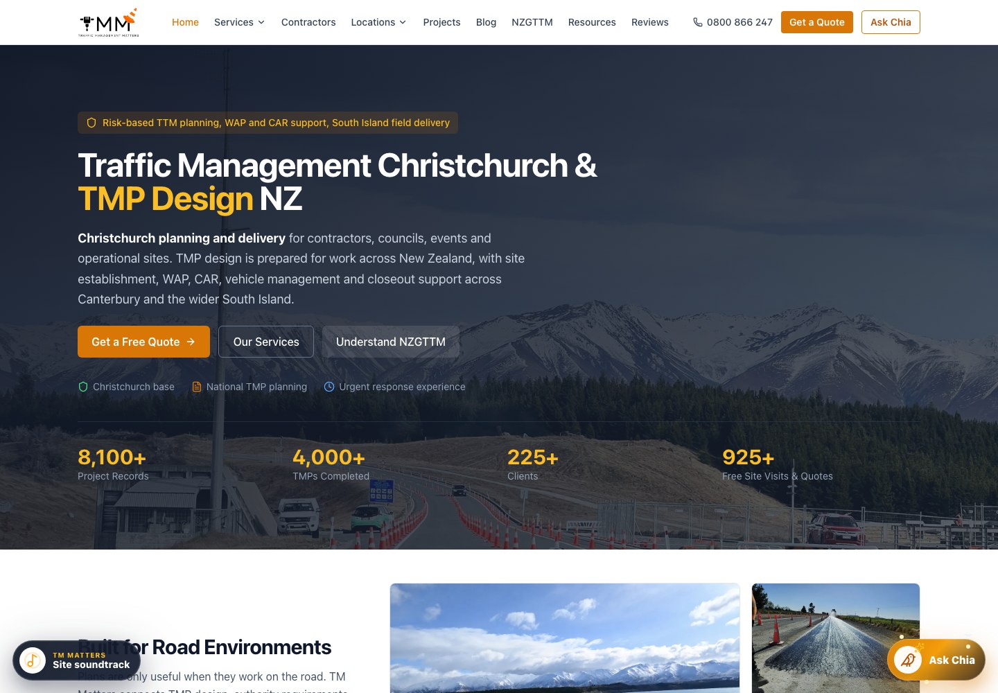 TM Matters website showing traffic management services