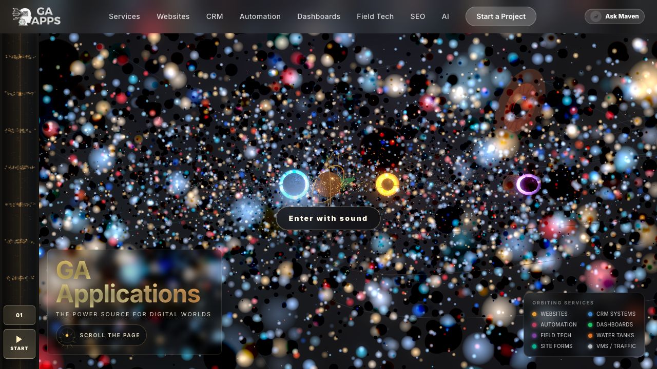 June homepage with animated planets and orbiting services