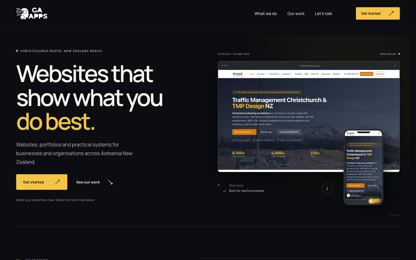 Concept 1: dark charcoal and gold, with a bold headline and a featured TM Matters website
