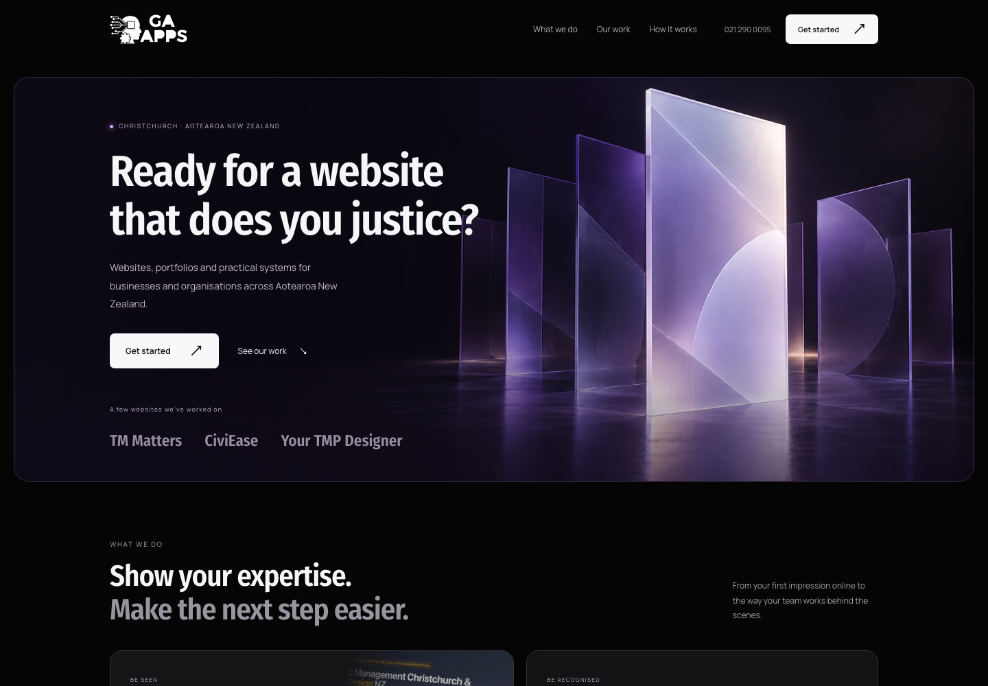 Concept 3: a cinematic black and lavender page with illuminated glass panels