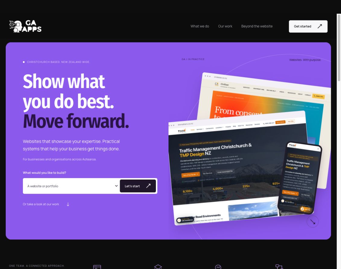 Concept 4: a vivid purple hero, bold headline and connected website examples